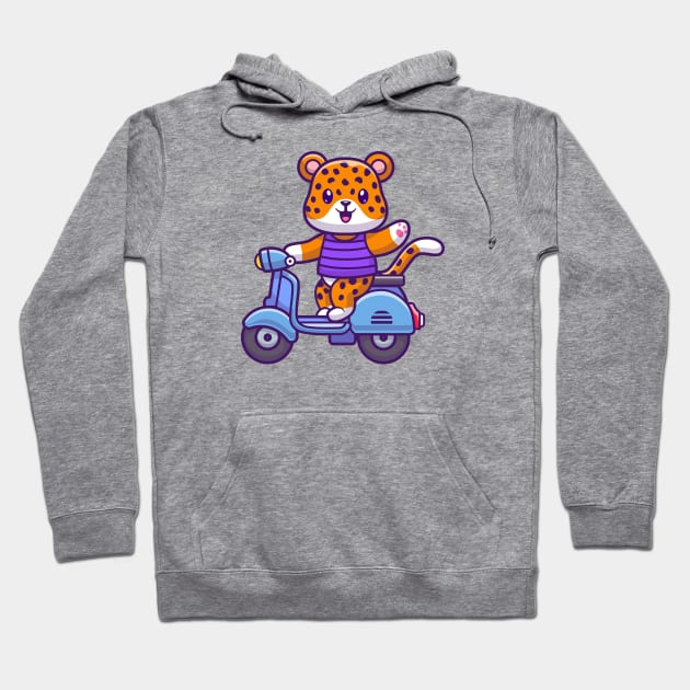 Cute Cheetah Tiger Riding Scooter And Waving Hand Cartoon Hoodie by Catalyst Labs